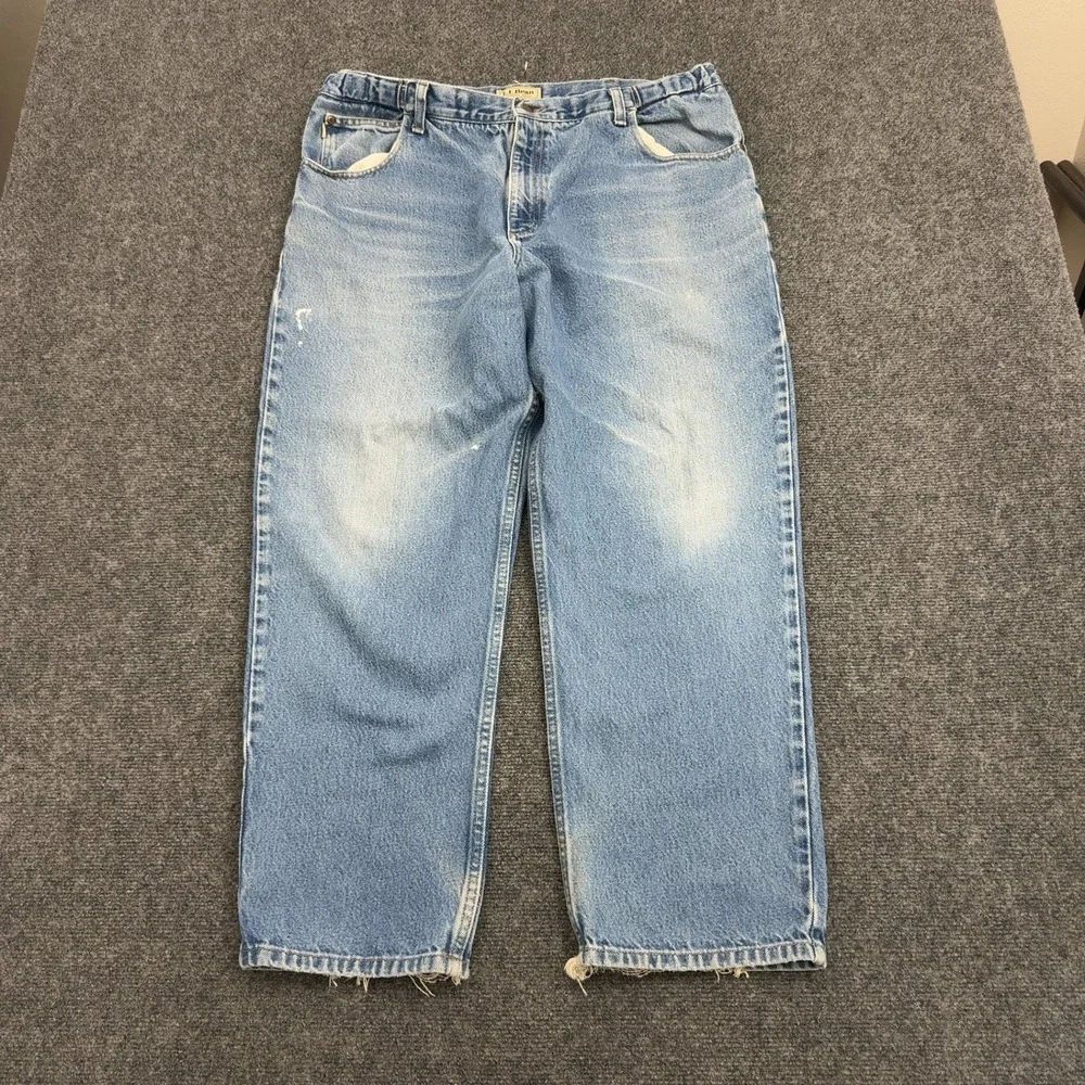 LL Bean Jeans Mens 38x29 Blue 100% Cotton Comfort Waist Distressed Workwear